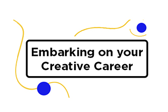 Logo with two yellow intercepting lines, 2 electric blue dots, and "Embarking on your Creative Career" written in black rectangle.