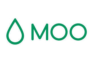 Green logo with tear drop shape and MOO