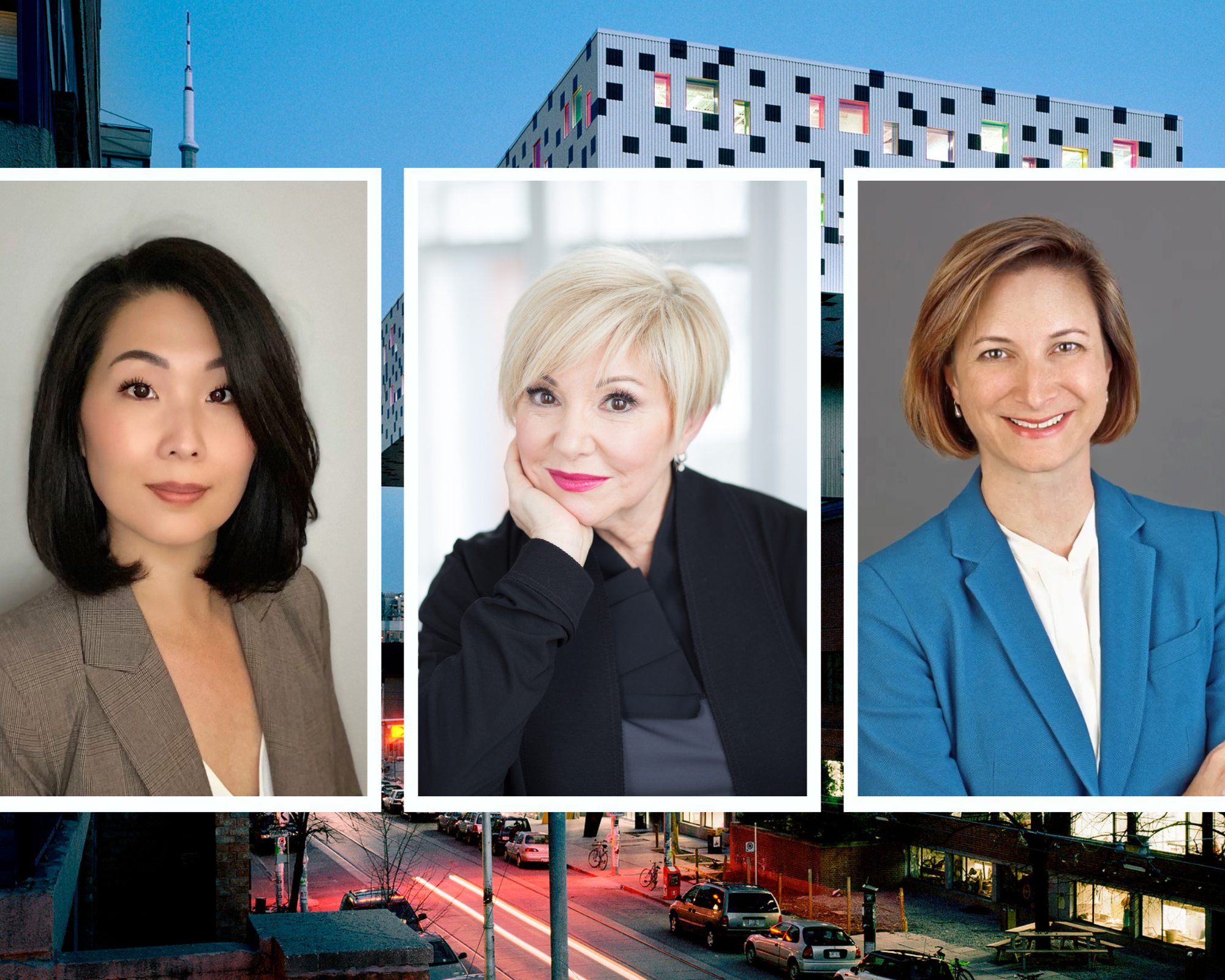 three headshots of board chairs in front of Sharpe building