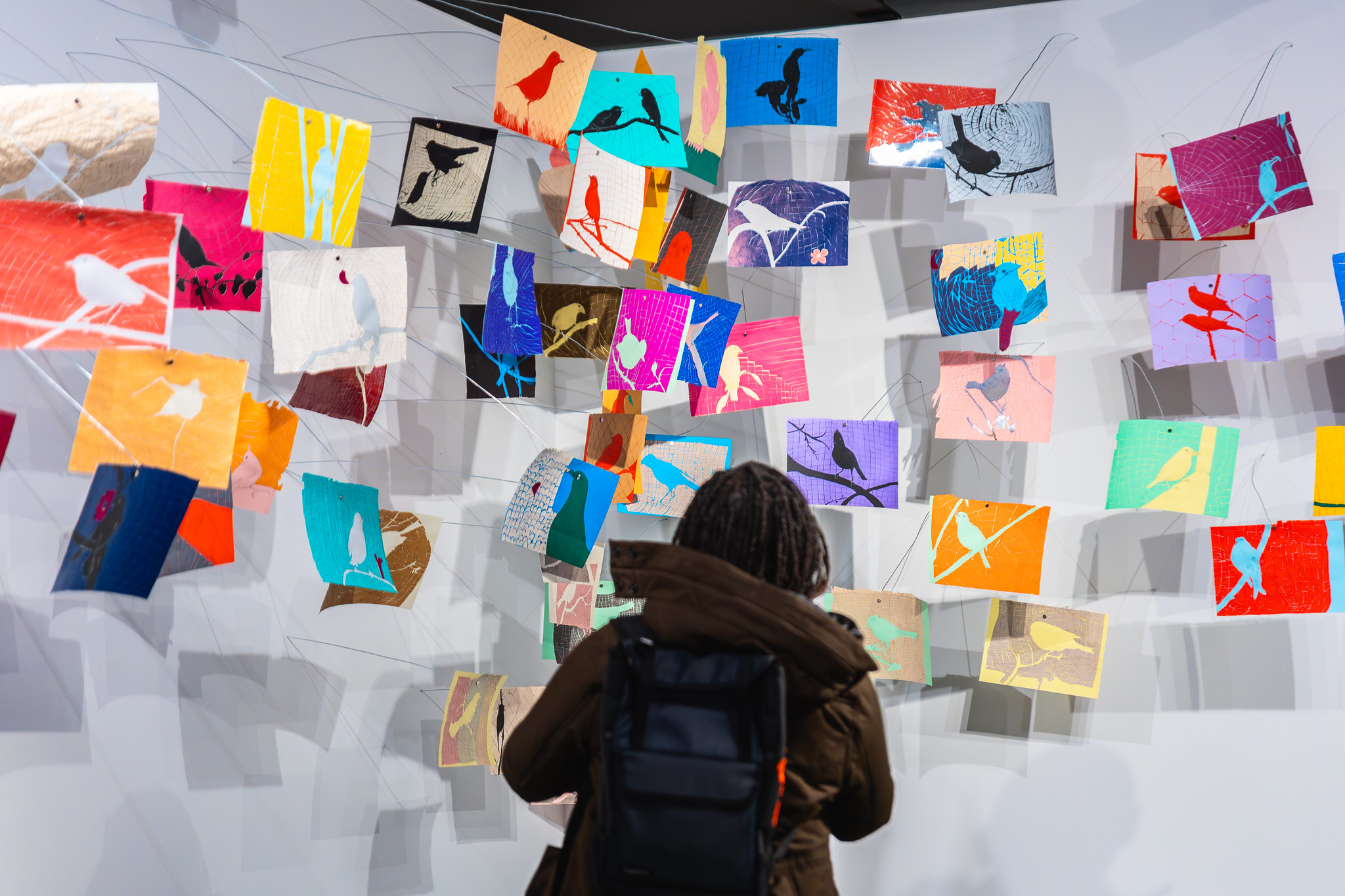 Colourful artwork hanging on a white wall