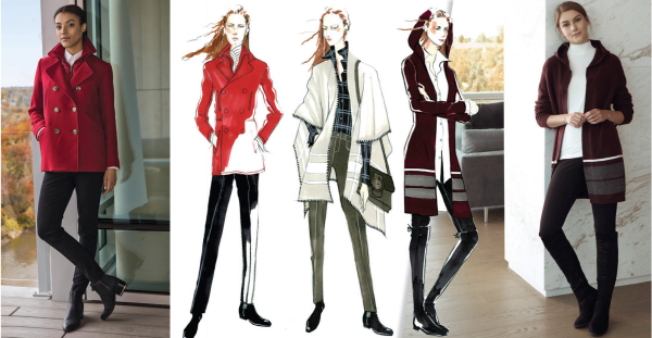 A collage of different fashion sketches along with photographs of two models.