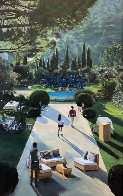 Oil painting of people walking along a concrete path down the centre of a garden and towards a pool.