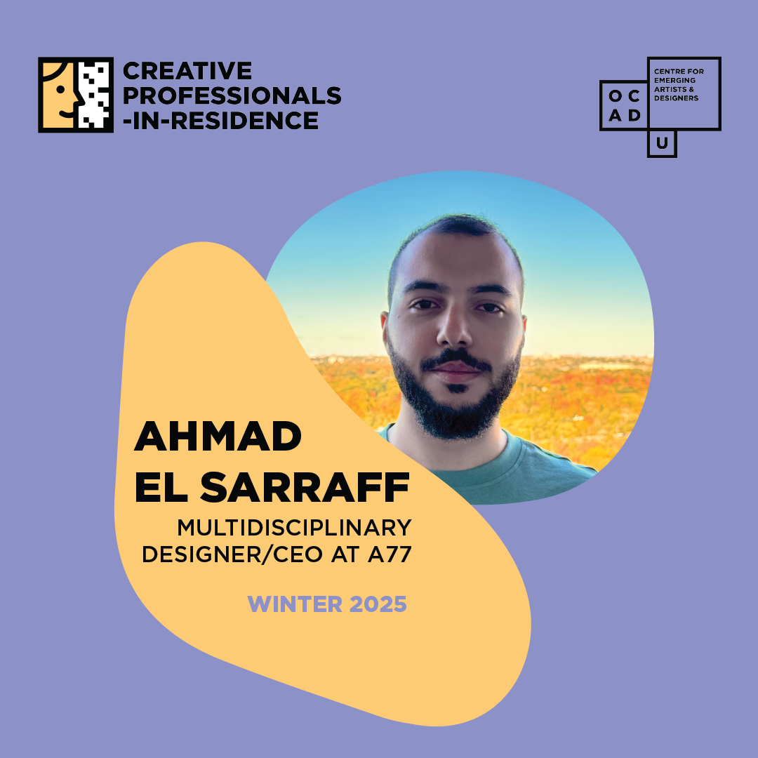 Purple background with a yellow organic shape in left foreground with black text on top: "AHMAD EL SARRAFF MULTIDISCIPLINARY DESIGNER/CEO AT A77" and purple text below: "WINTER 2025". Round headshot of Ahmad El Sarraff in the mid ground. CPIR and CEAD logo on top left and right.