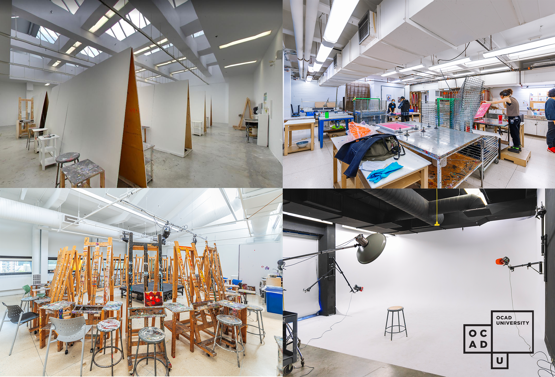 A collage picturing four studio spaces at OCAD U. Top and bottom left: Painting studios with easels. Top right: Screenprinting studio. Bottom right: Photography cove studio.