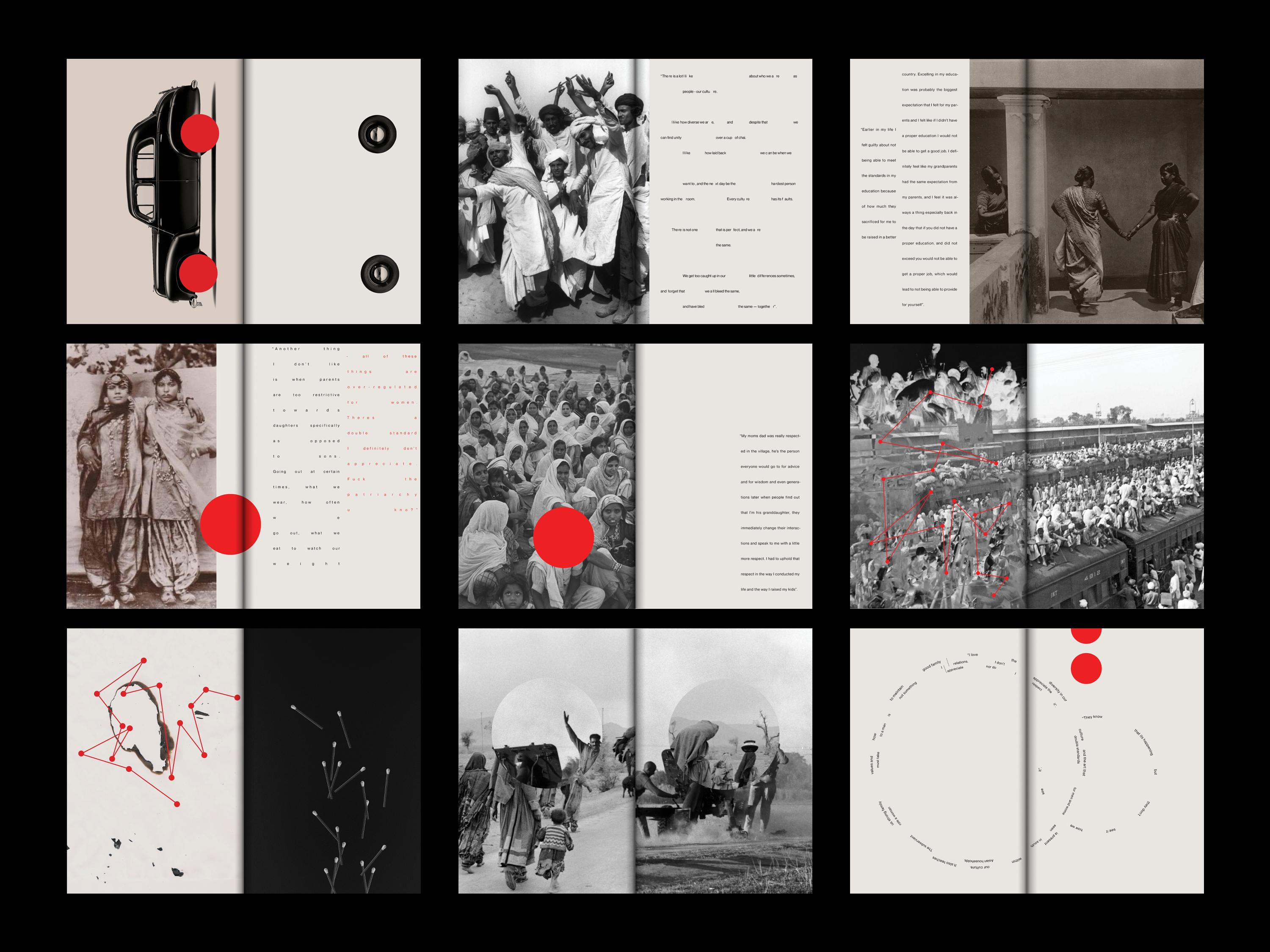 A grid of images that show each page of Maham Momin's zine project. Images include black and white photos of people in South Asia overlaid with red dots and lines, accompanied by text laid out in a non-linear style.