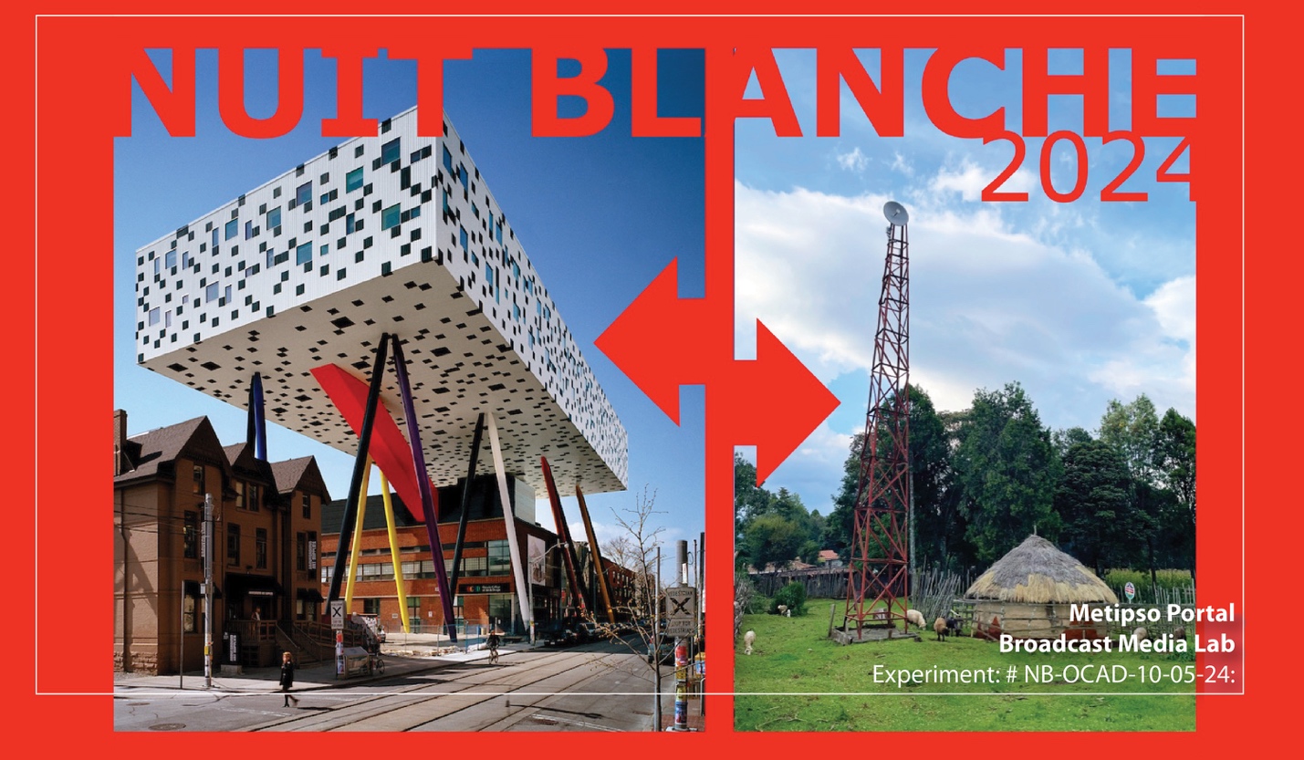 Left side photo of tabletop building at OCAD University; right side photo of mud hut with high antenna.