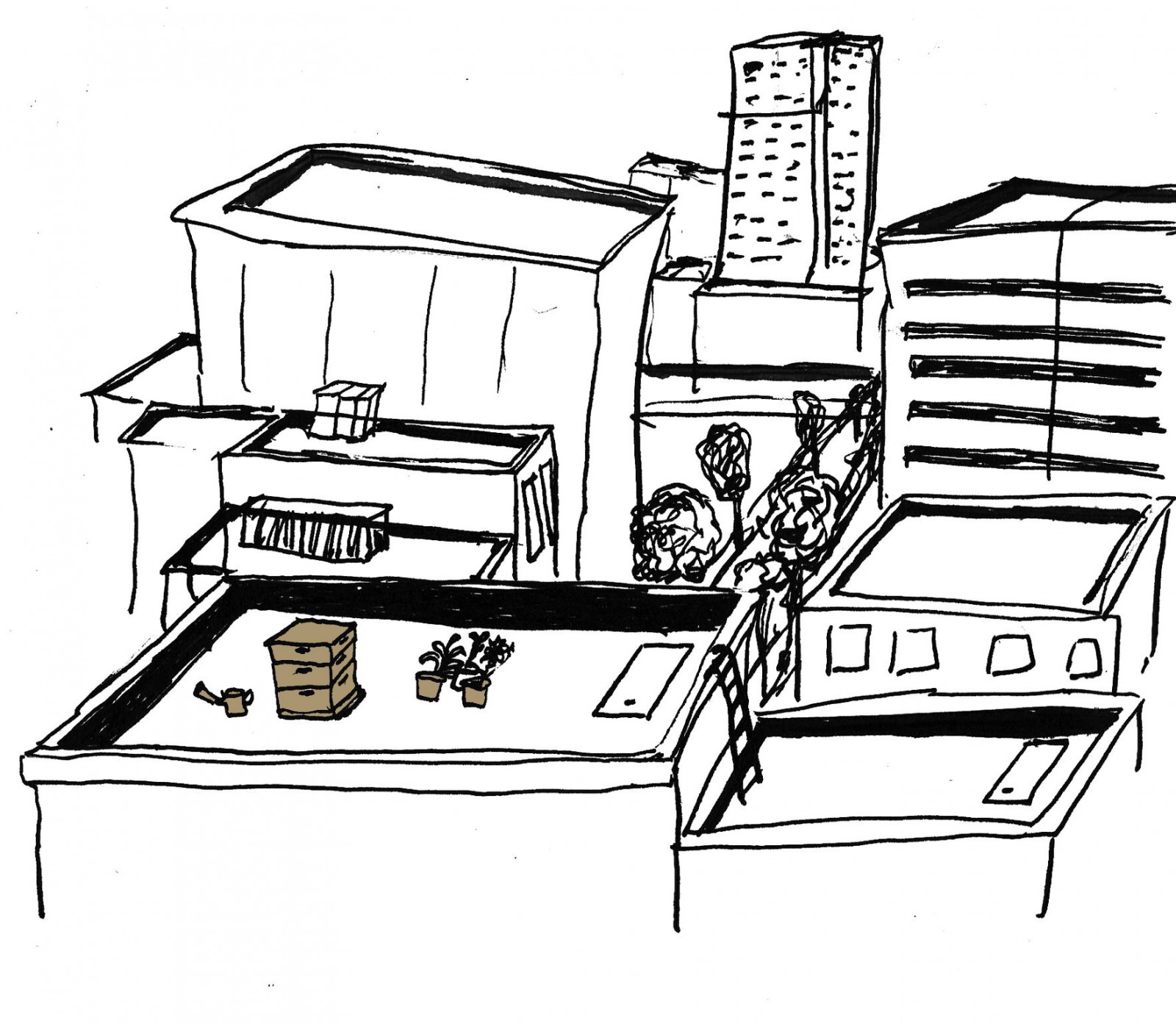 Illustration of city rooftops with beehives