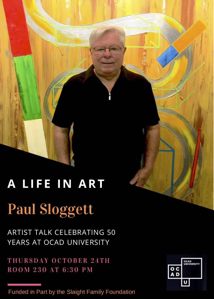poster for artist talk, featuring a photo of the artist in front of a painting