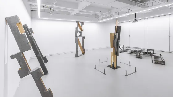 Sculptures in a white gallery space