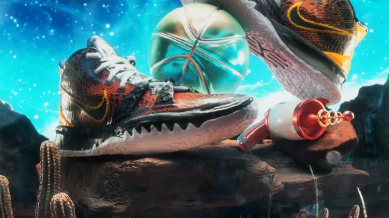 A 3d illustration of a pair on nike shoes on a rock in a desert under a starry sky.