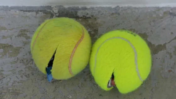 One new and one old tennis ball that have a slit on the side