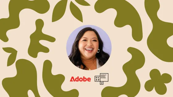 Beige background with green organic shapes in foreground and round headshot of Katrina Torrijos in the center with Adobe and CEAD logo on the bottom.