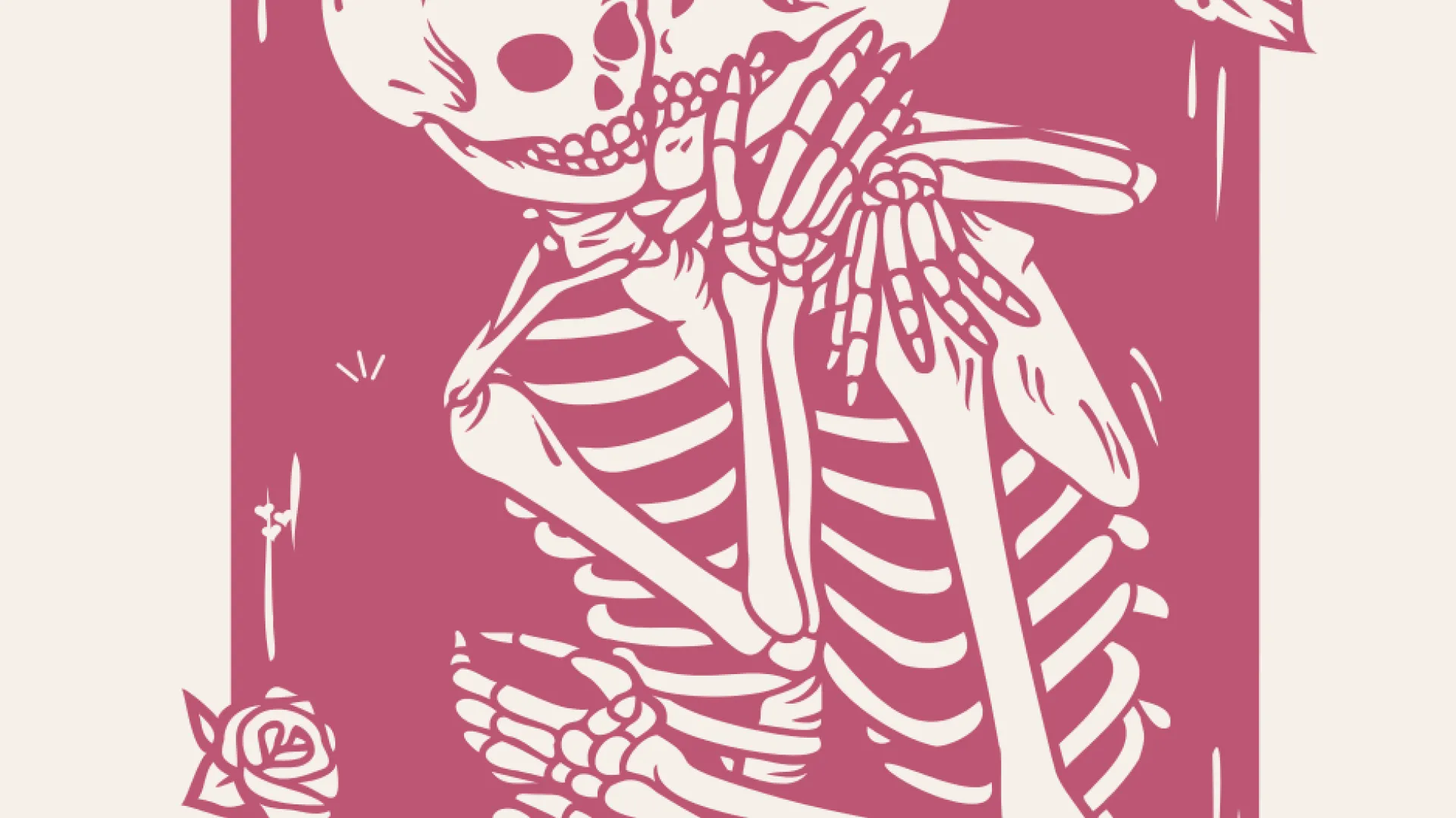 Illustration of two skeletons hugging, and roses.