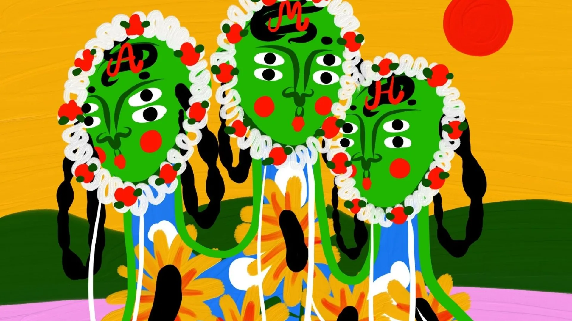 An image of three green figures with black spider motifs, yellow sunflowers 