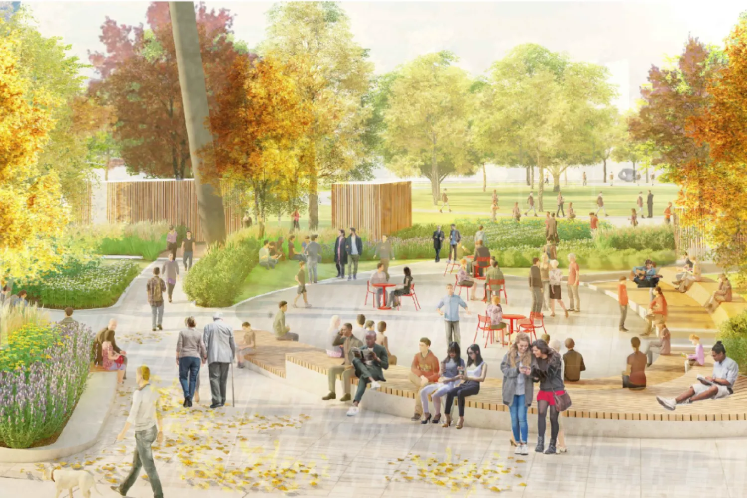 A mockup image of a group of people sitting and walking around in the revitalized Butterfield Park (in colour).