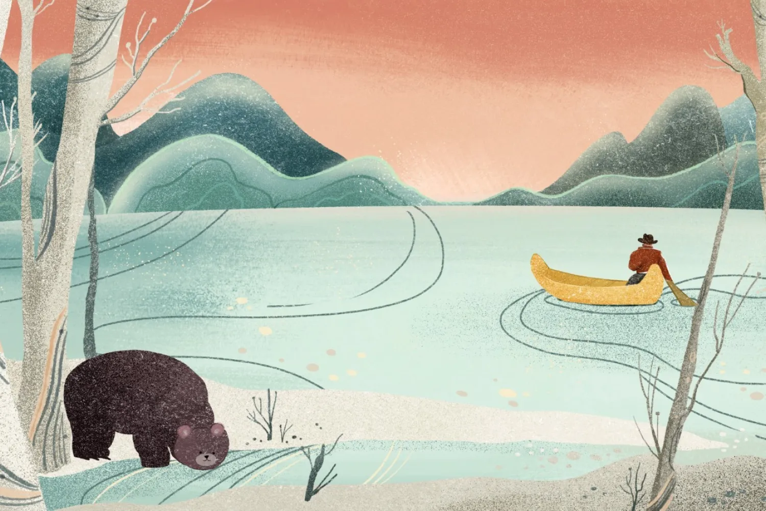 Illustration of a bear and a person kayaking on a lake