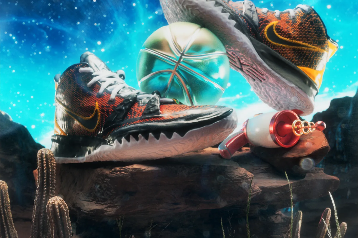 A 3d illustration of a pair on nike shoes on a rock in a desert under a starry sky.