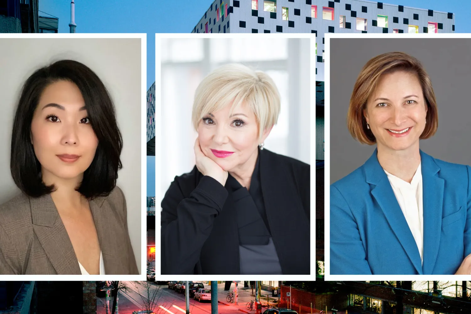 three headshots of board chairs in front of Sharpe building