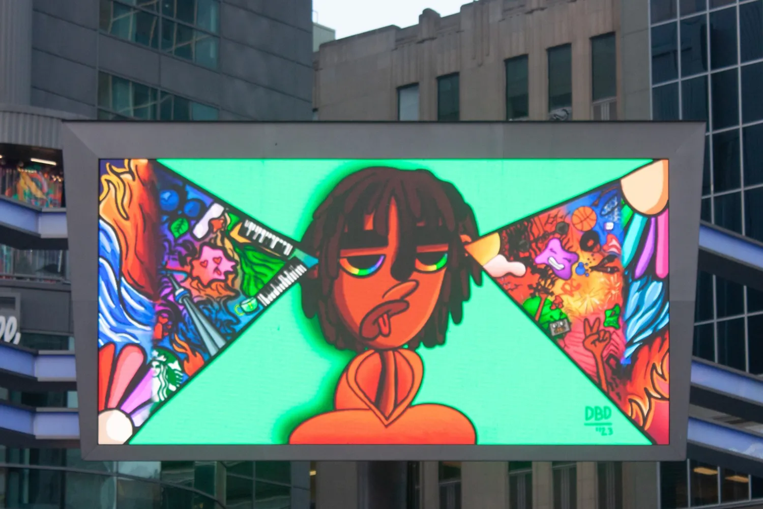 Screen at Sankofa Square displaying artwork by Dose Omoruna.