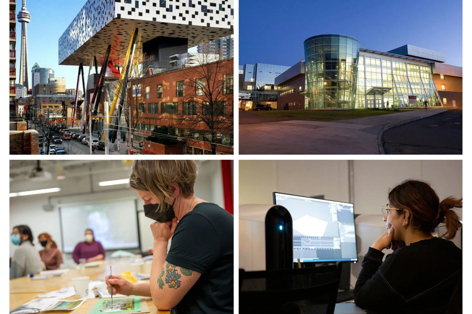 A grid of images showcasing OCAD University, Memorial University, and learners working in classroom/online sessions.