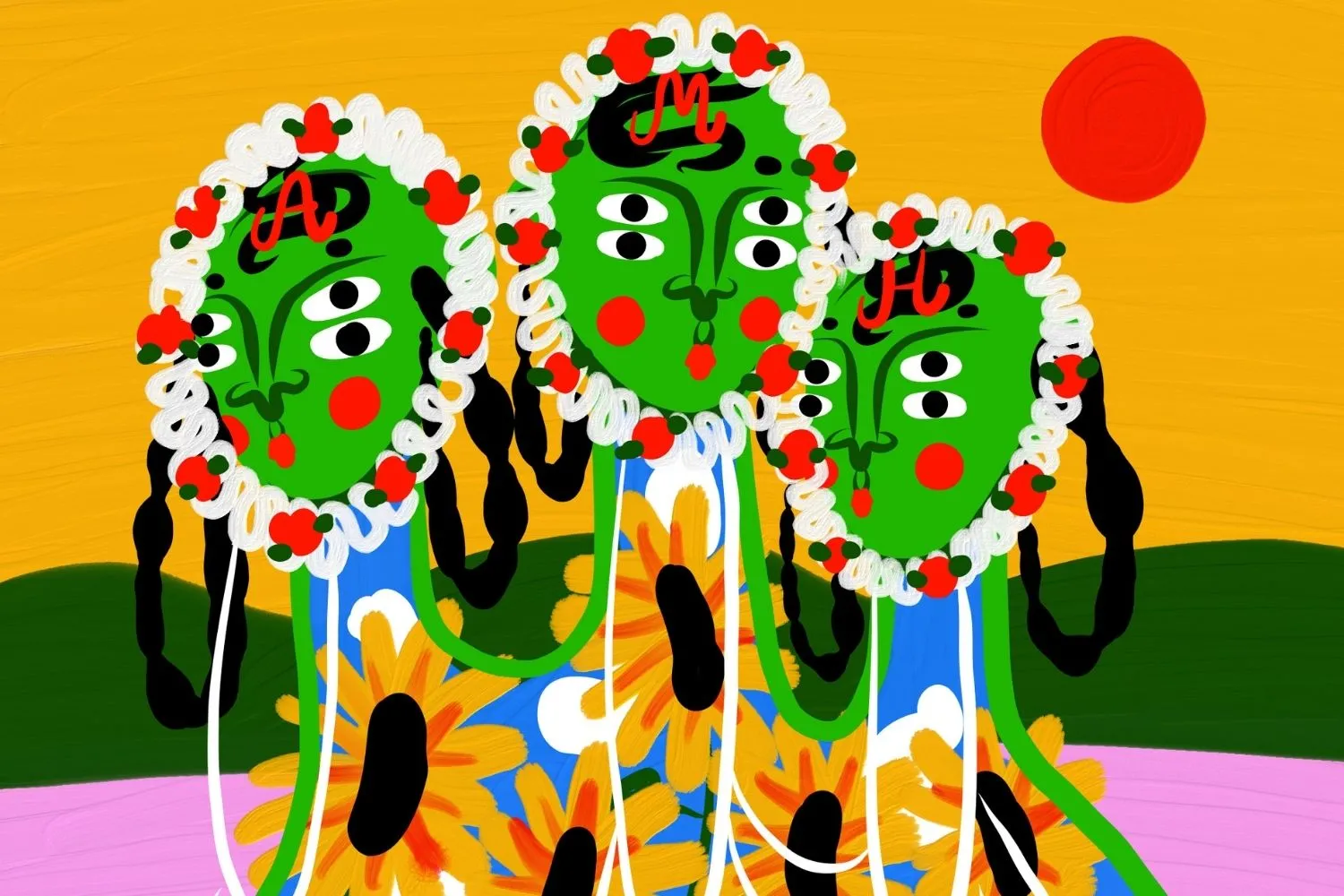 An image of three green figures with black spider motifs, yellow sunflowers 