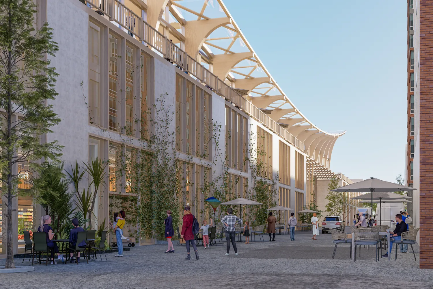 Artist's rendering of people walking along a tree-lined street outside a modern building.