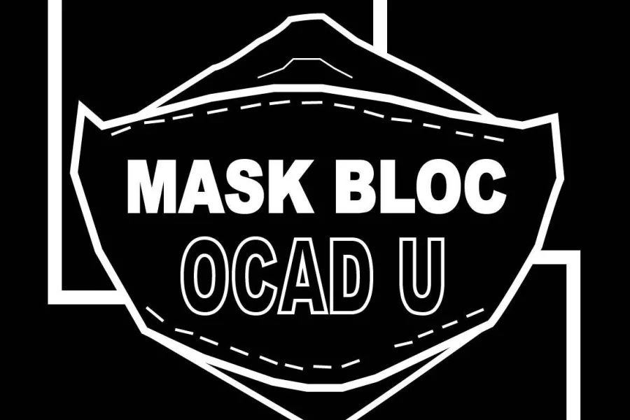 Graphic of a mask and two squares with the text, "Mask Bloc OCAD U"