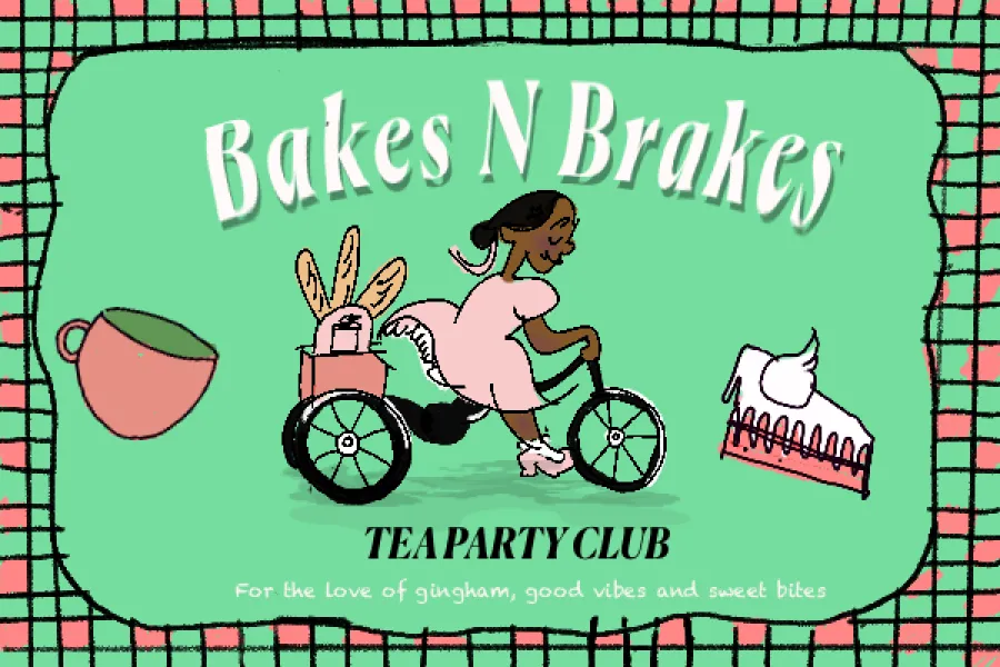 Illustration of a girl riding a bike, and the text, "Bakes N Brakes Tea Party Club"