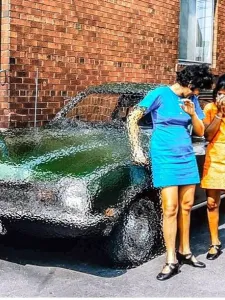 A painting of two people standing next to a car.