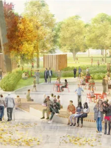 A mockup image of a group of people sitting and walking around in the revitalized Butterfield Park (in colour).