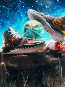 A 3d illustration of a pair on nike shoes on a rock in a desert under a starry sky.