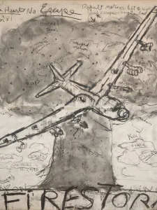 Charcoal drawing of a plane flying in front of a tree