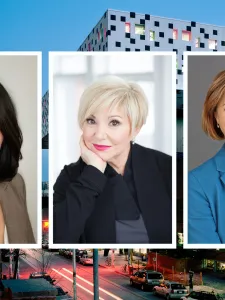 three headshots of board chairs in front of Sharpe building