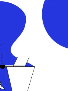 Abstract blobs with an illustration of a person at a desk