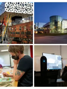 A grid of images showcasing OCAD University, Memorial University, and learners working in classroom/online sessions.