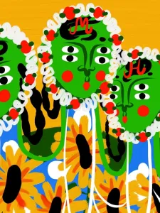 An image of three green figures with black spider motifs, yellow sunflowers 