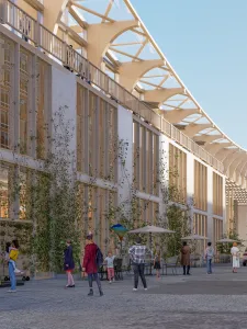 Artist's rendering of people walking along a tree-lined street outside a modern building.