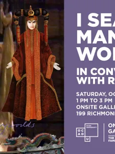 A woman wearing long robes in red and purple with large head dress