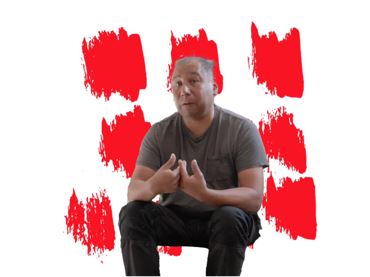 Man sitting in transparent background with red squiggles