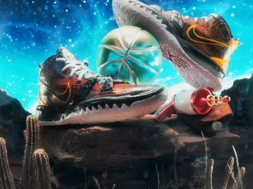 A 3d illustration of a pair on nike shoes on a rock in a desert under a starry sky.