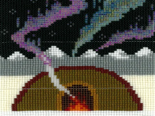 A loom beaded work depicts a sweat lodge in a winter landscape with a mountain range behind it. 