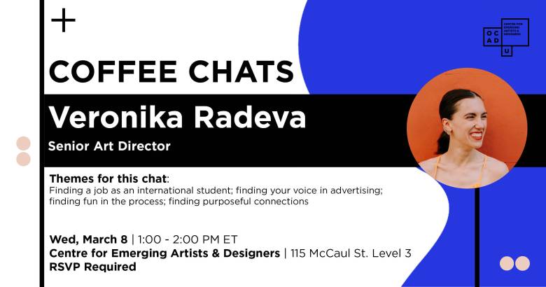 Coffee Chat w Veronika Radeva. Blue banner image with headshot of Veronika Radeva