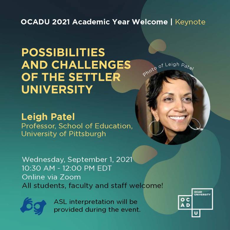 Poster for academic year welcome keynote address by Leigh Patel