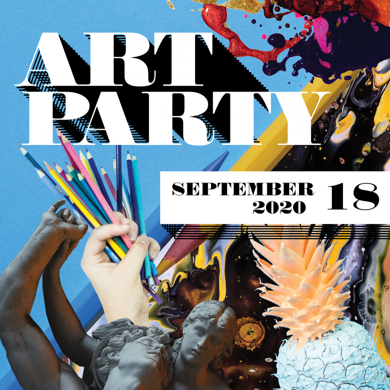 Image graphic for "Art Party" September 18 2020 features a variety of art supplies, splattered paint and colourful art and sculpture examples.