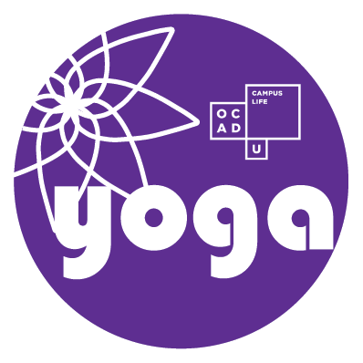 A purple dot contains an illustrated lotus flower and the word "yoga". The OCAD U Campus Life logo is in the upper-right.