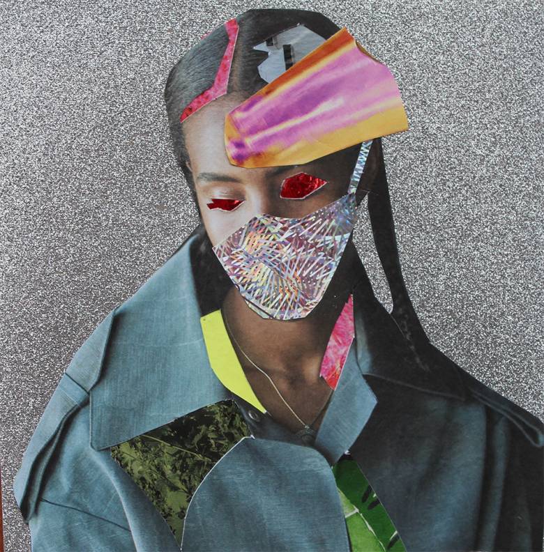 A collage featuring a Black woman with a face mask, and colourful elements cut from various paper sources.