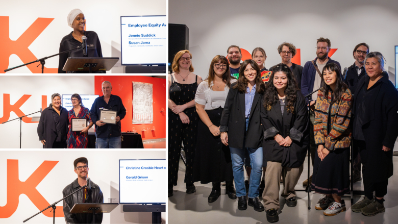 There are four photos in this collage; top left is a Black woman at the podium; at middle left are three people, two women and a tall man, at bottom left is a man at the podium wearing glasses, and at right there is a group photo of employees.