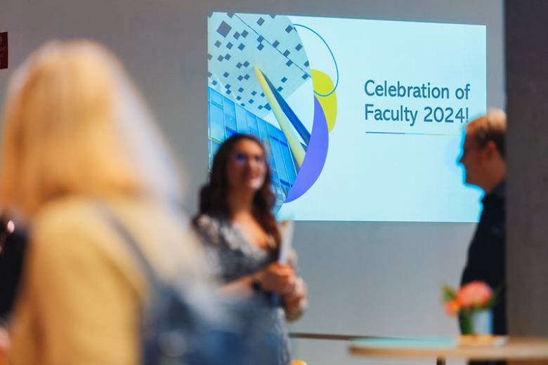 Three people surrounding a screen that reads, "Celebrating of Faculty 2024."