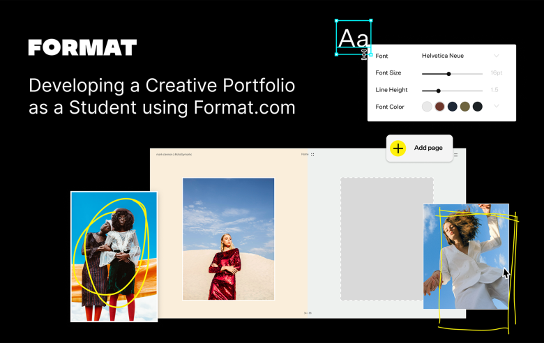 Black background with images from websites. White text in foreground at top left: "Format. Developing a Creative Portfolio as a Student using Format.com".
