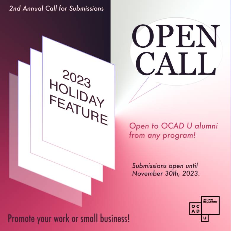 Pink and purple gradient poster with a stack of cards and a speech bubble with text reading "OPEN CALL".
